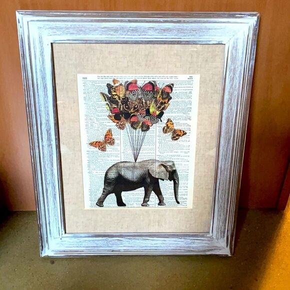 Framed Elephant and Butterfly Print on Recycled Encyclopedia Page - Picture 1 of 16